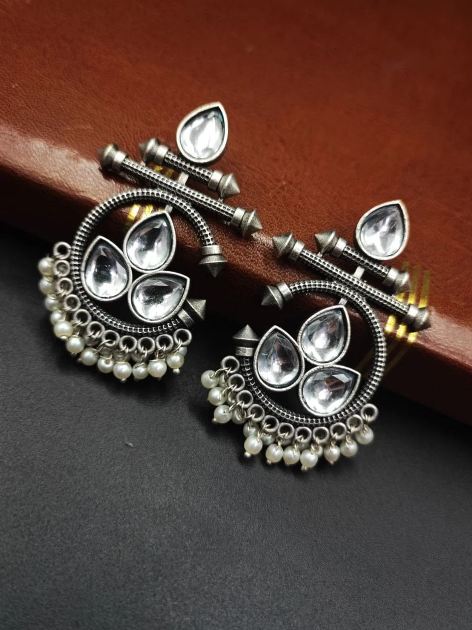 Oxidised Hoop Dangler Earrings with Pear Stones and Pearl Fringe