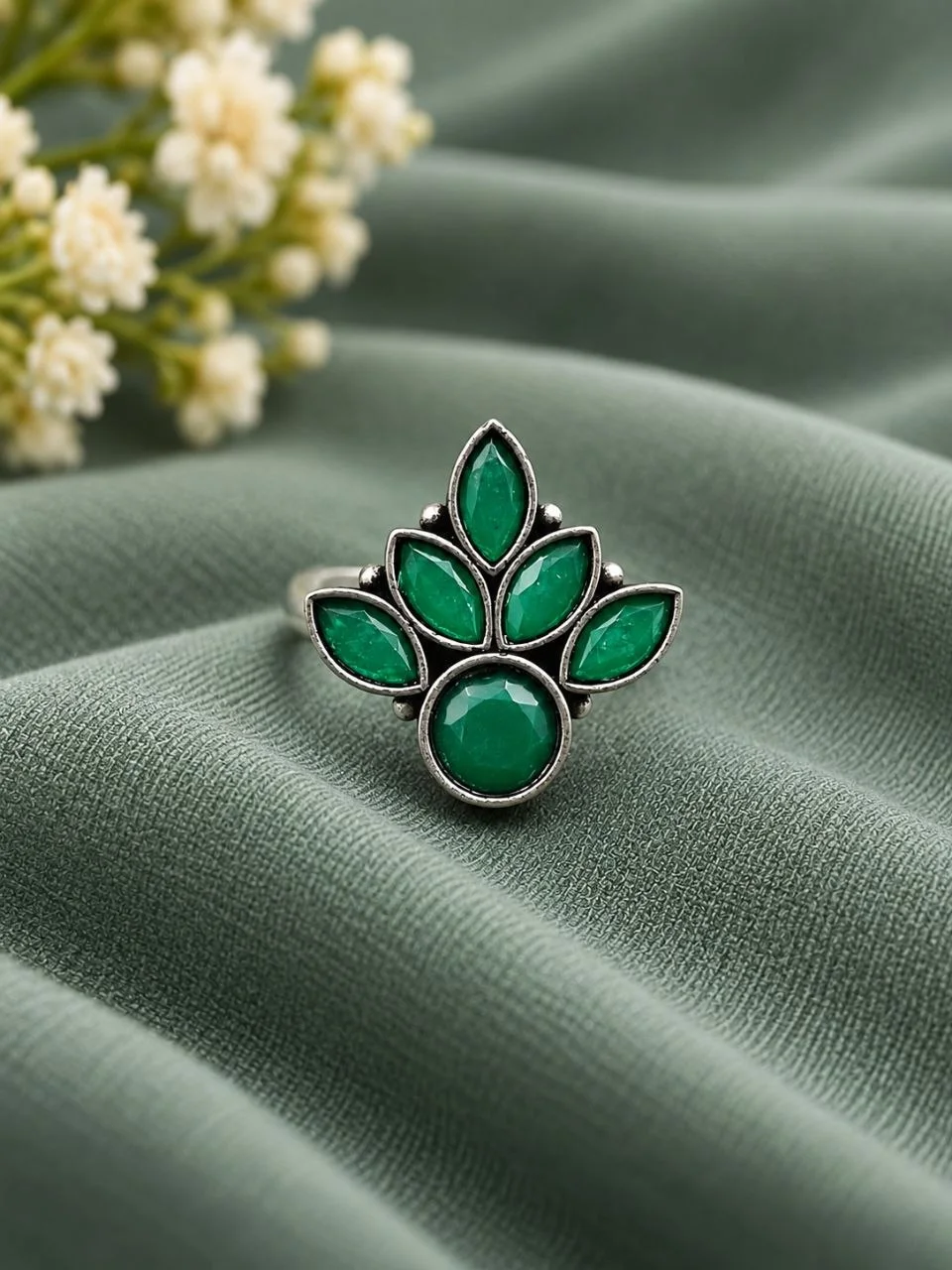 Oxidised Flower Ring with White Stones – view 3