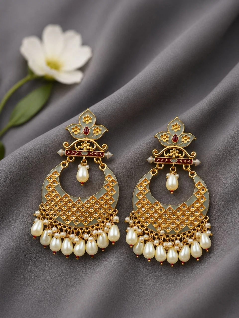 Lotus Top Kundan Chandbali with Pearl Drops