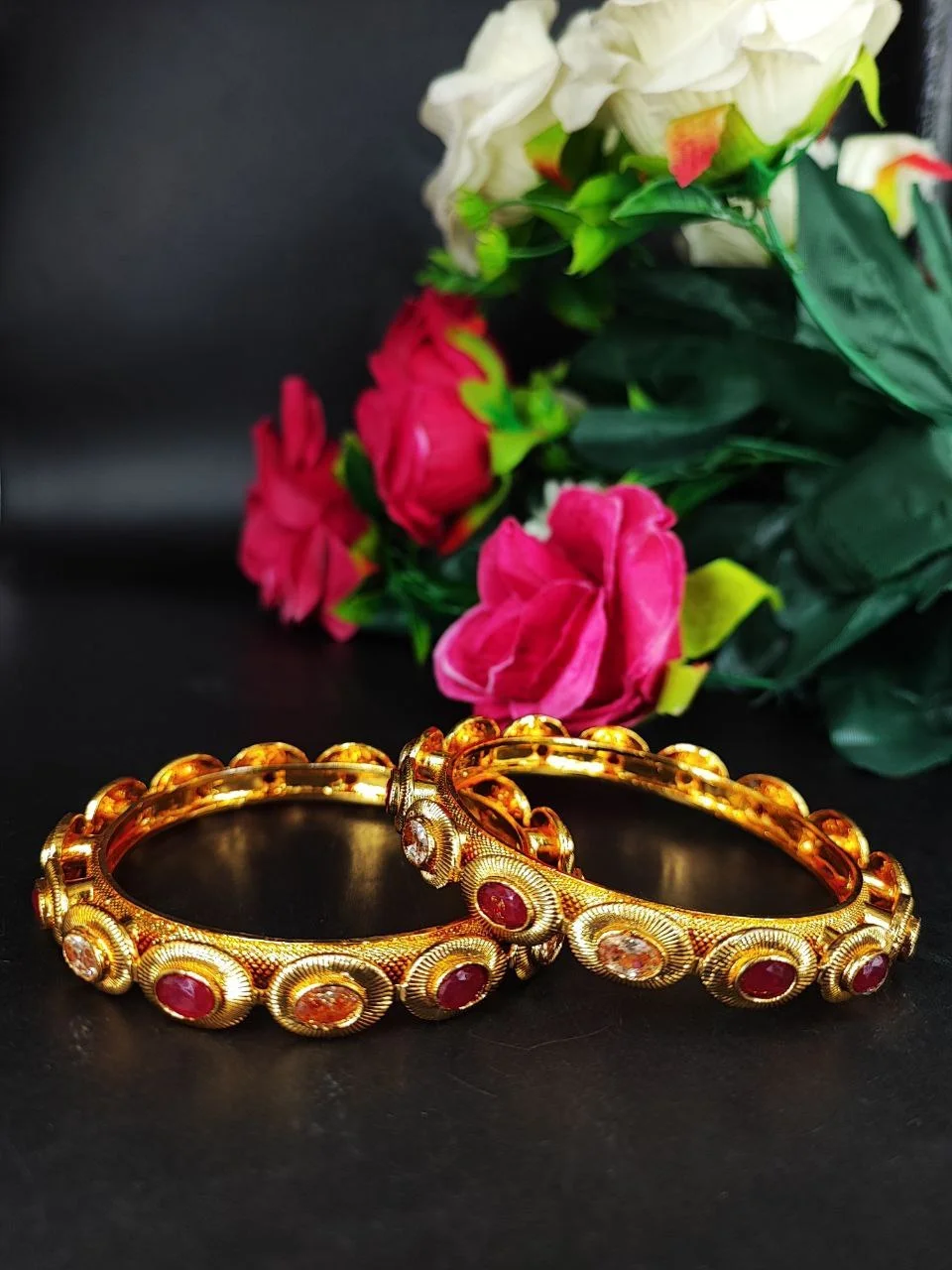 Gold Plated Ruby-Red Oval Meenakari Bangle Pair