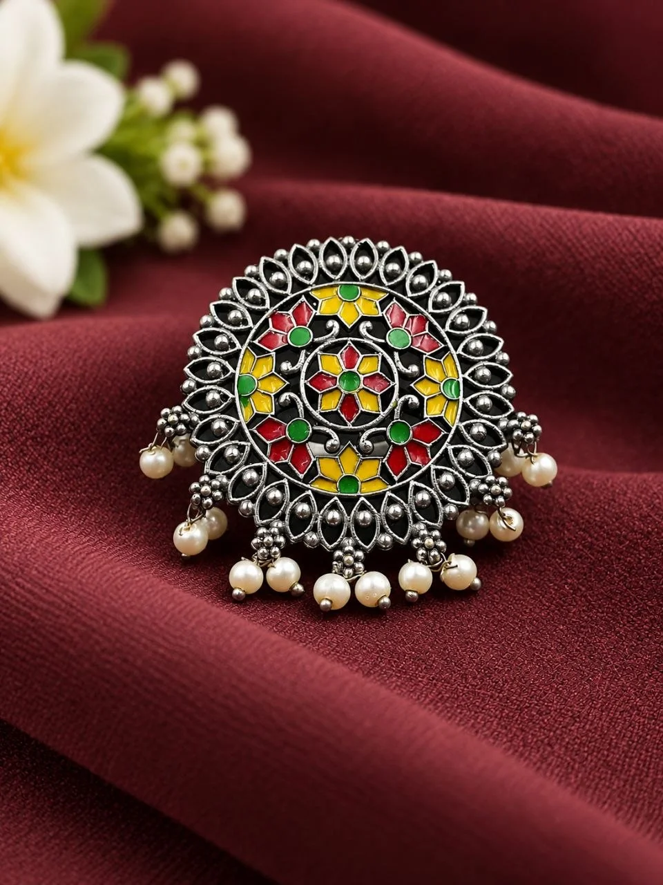 Oxidised Meenakari Mandala Ring with Pearl Drops – view 4