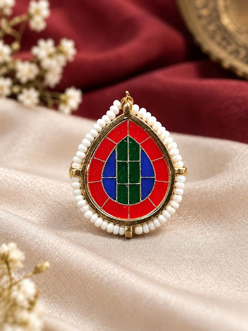 Gold Meenakari Drop Ring with Pearl Border – view 2