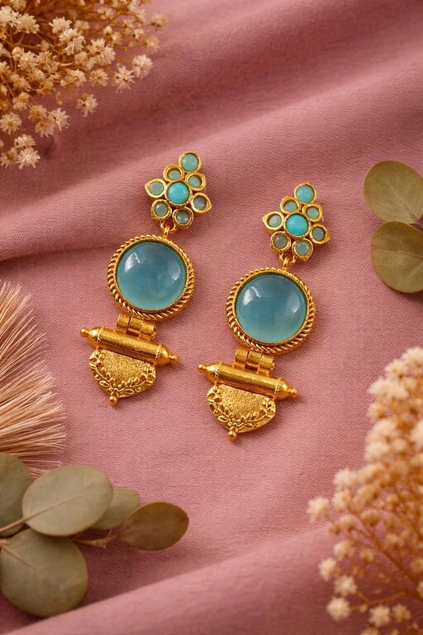 Cat Eye Stone Drop Earrings with Temple Base