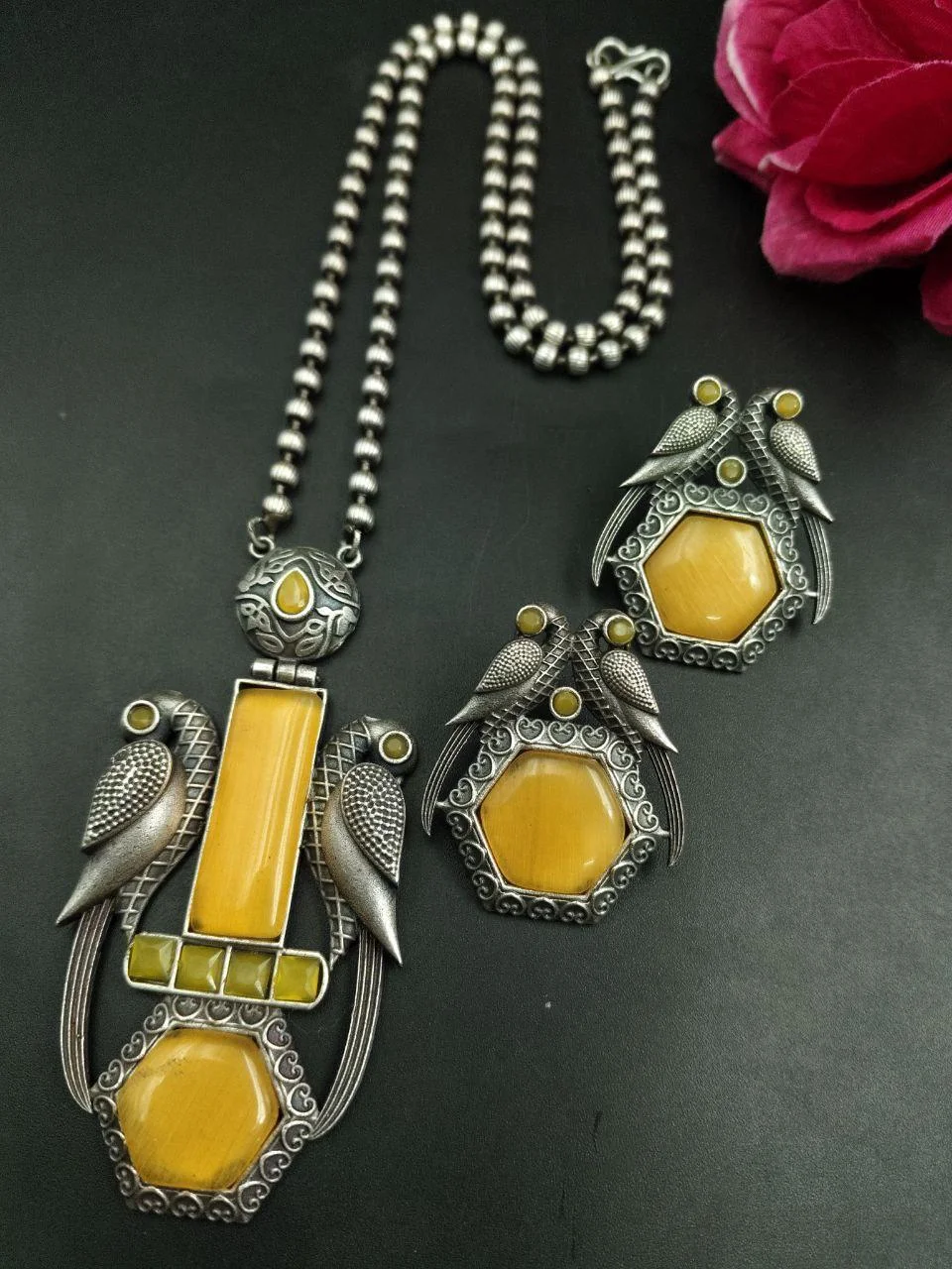 Oxidised Parrot Necklace Set with Hexagon Stones