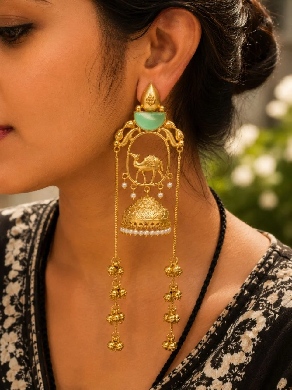 Camel Motif Kashmiri Earrings with Bell Chains
