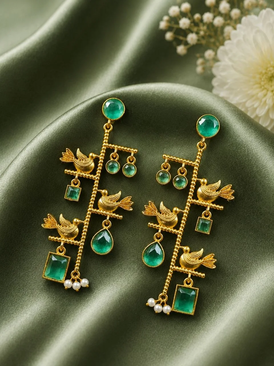 Twin Bird Bar Earrings with Stone Drops