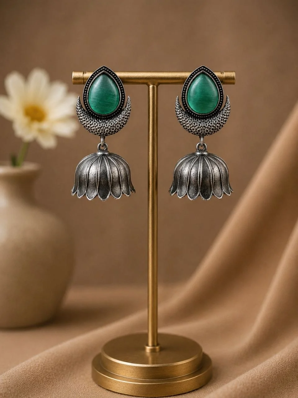 Oxidised Tulip Bell Jhumka Earrings with Teardrop Stone Stud