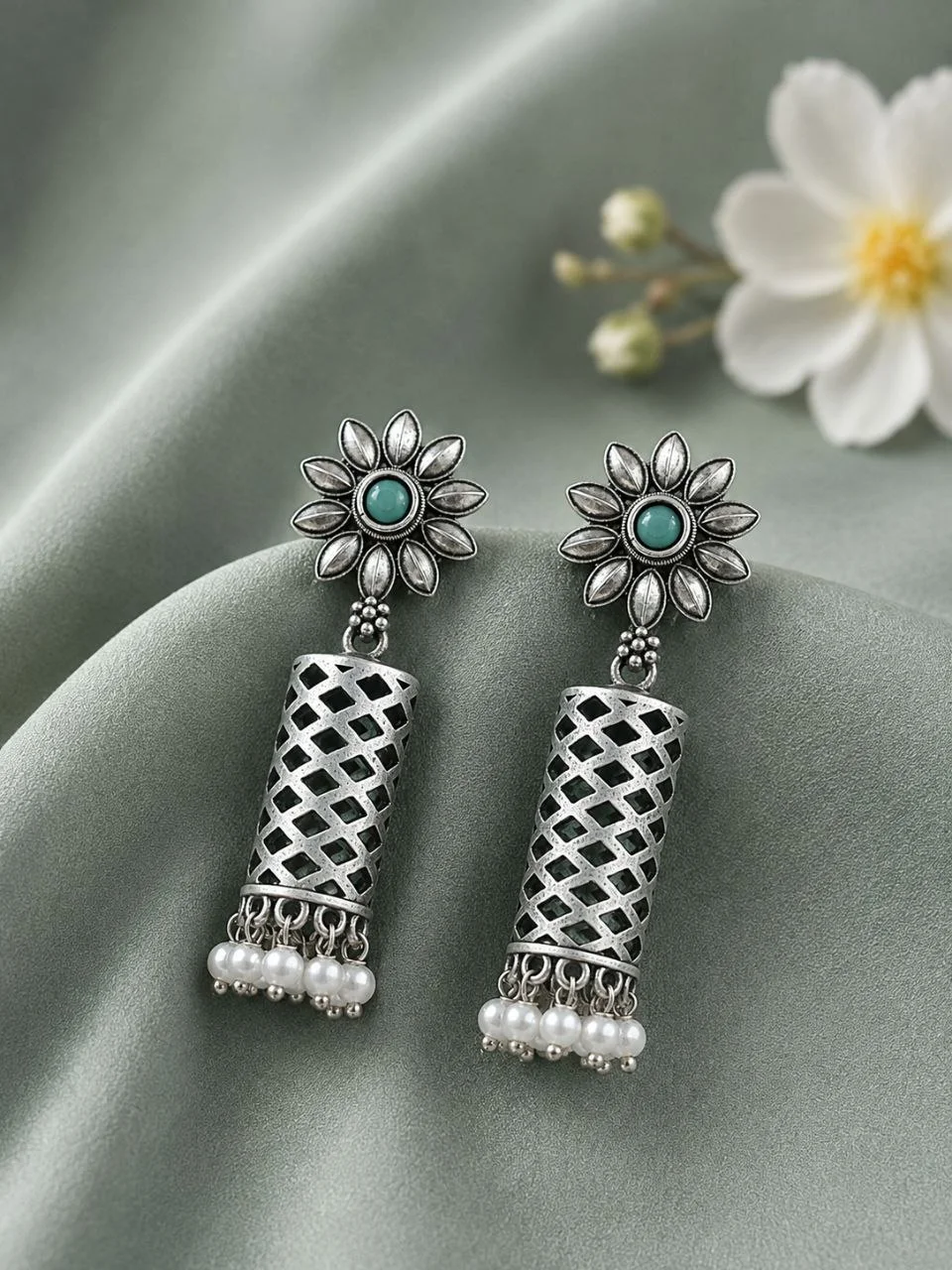 Oxidised Lattice Tube Drop Earrings with Floral Stud and Pearl Fringe