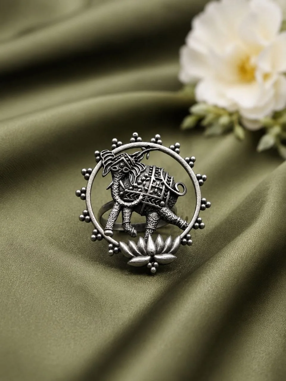 Oxidised Elephant Ring with Lotus in Beaded Frame – view 2