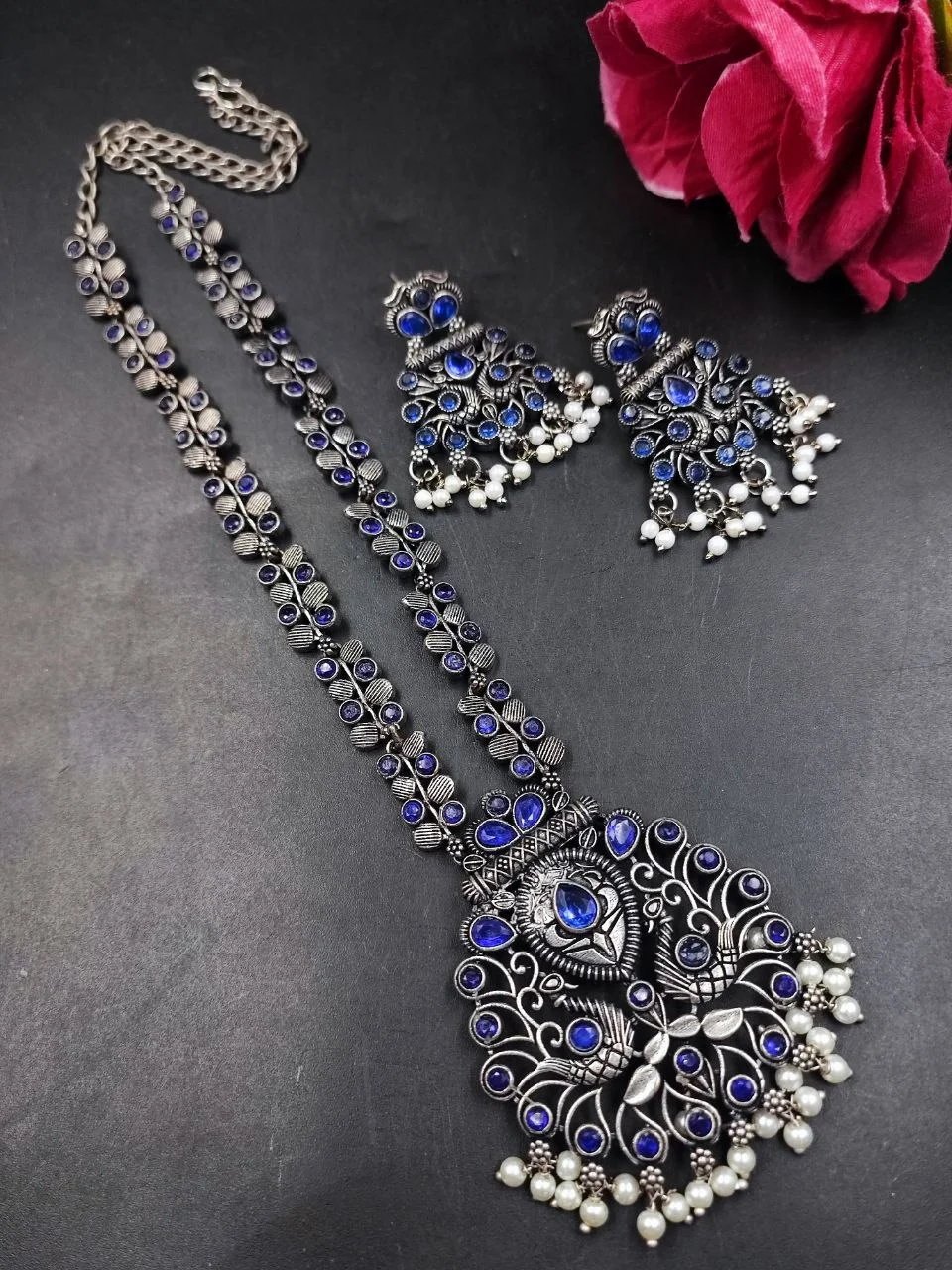 Oxidised Peacock Long Necklace Set with Pearl Drops