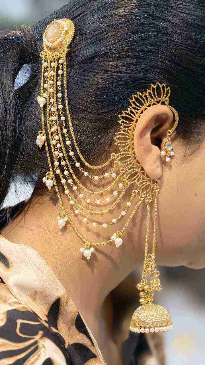 Non Piercing Lotus Jhumka with Ear Chains – view 3