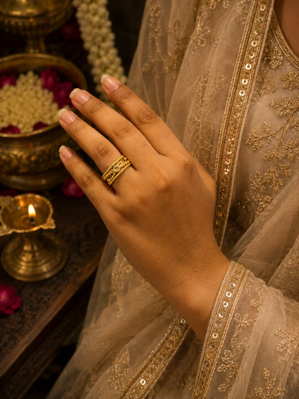 Anti-Tarnish Beaded Triple Band Ring with Centre Stone