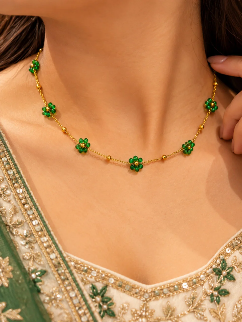 Anti-Tarnish Dainty Gold Necklace with Green Beaded Flowers