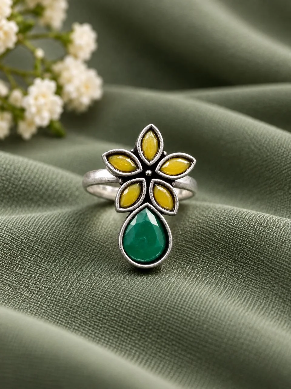 Oxidised Flower Ring with Black Stone Drop – view 3