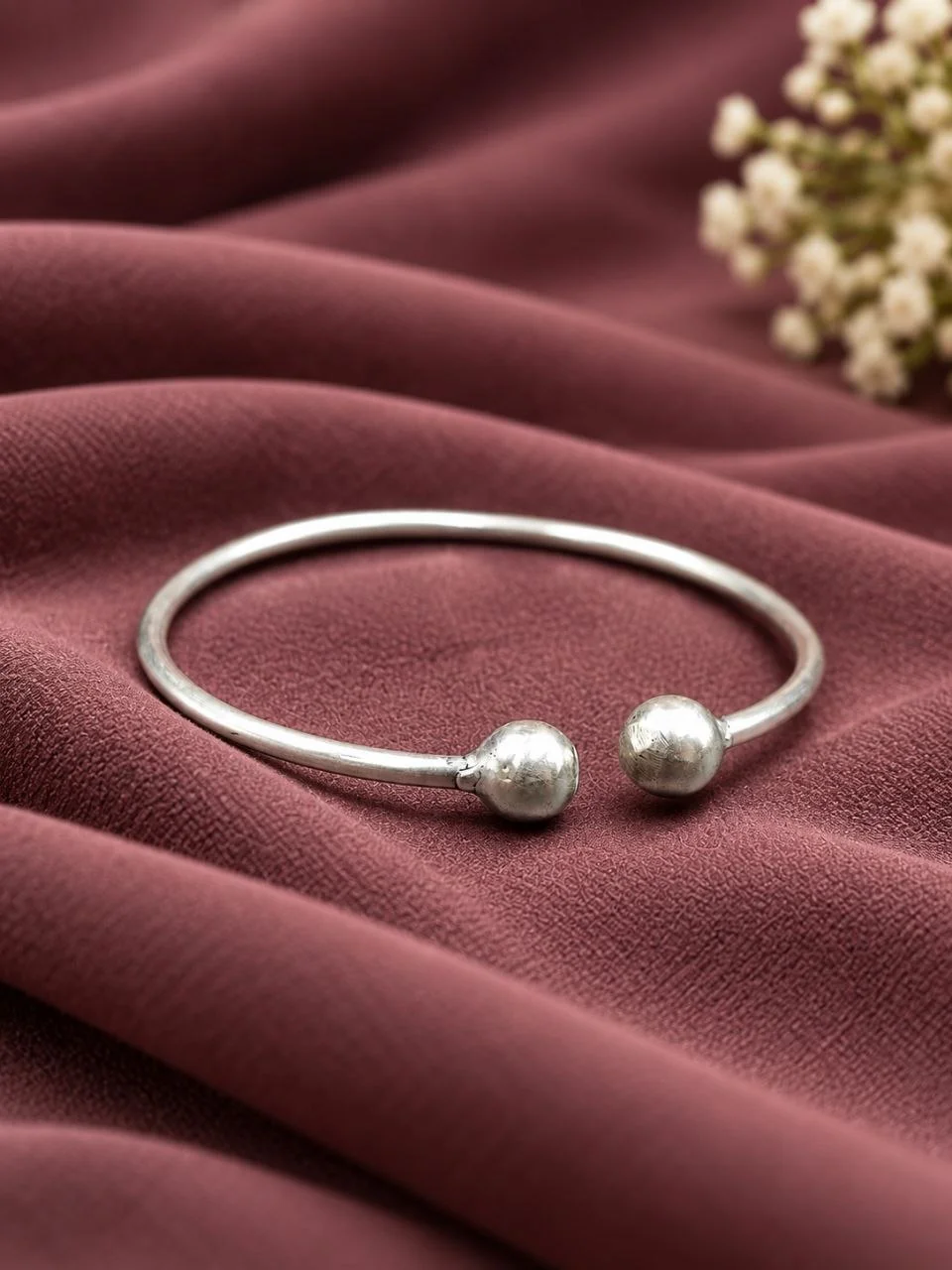Silver Ball End Open Cuff Bangle – Minimal Everyday Bracelet – view 3