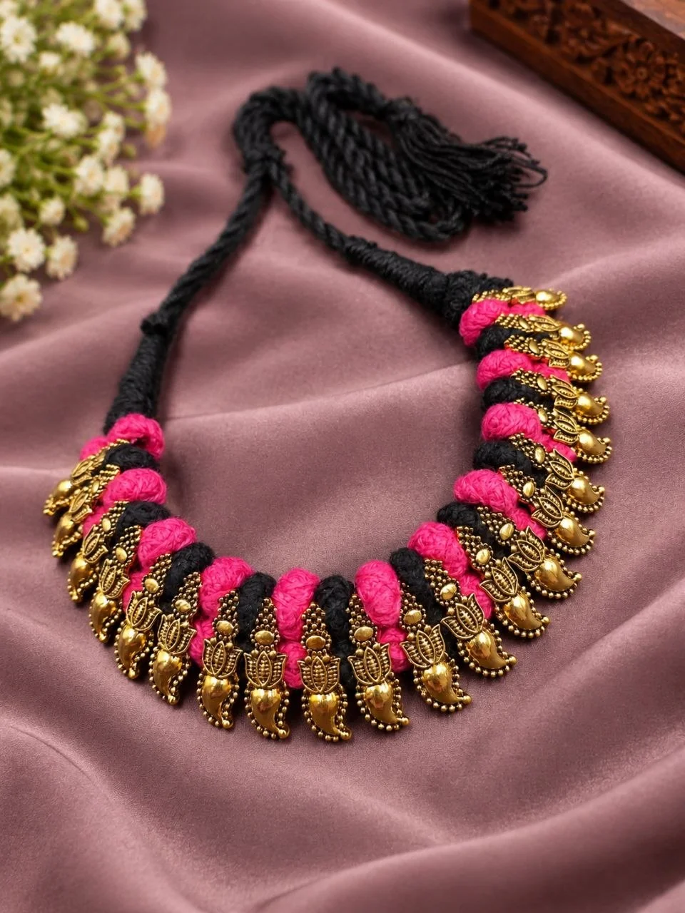 Gold Plated Lotus Thread Necklace with Bead Drops