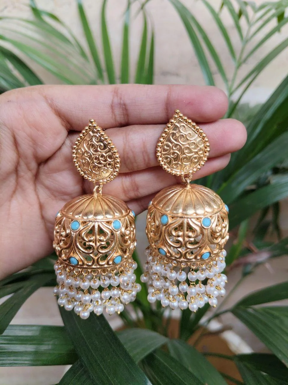 Openwork Jhumka with Triple Pearl Fringe – view 2