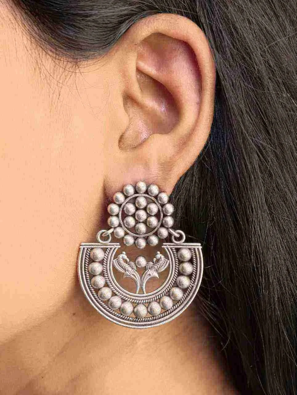 Oxidised Bead Dome Chandbali Earrings with Twin Birds