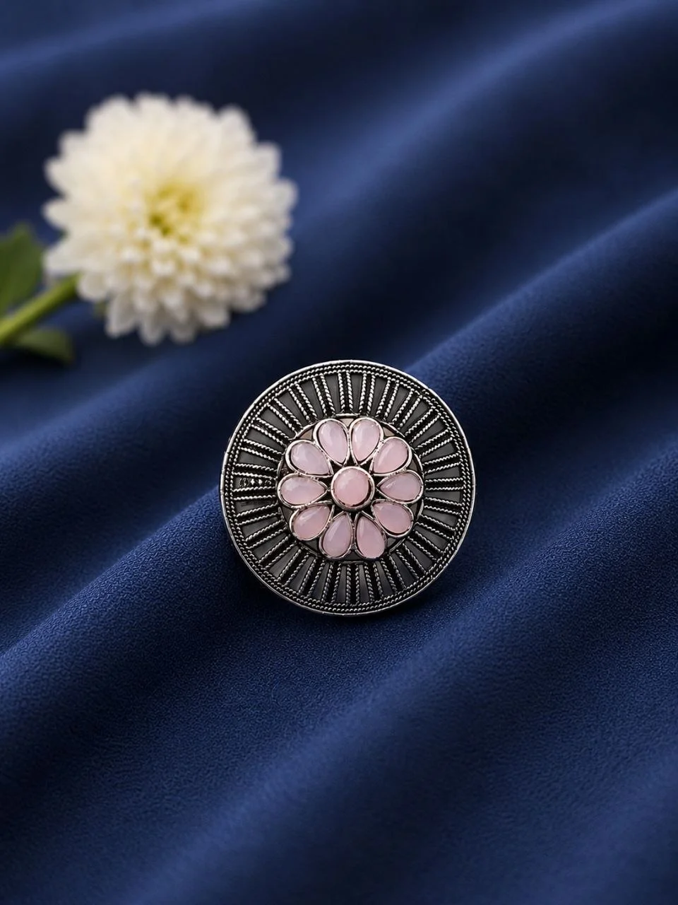 Oxidised Lotus Ring with Pink Centre