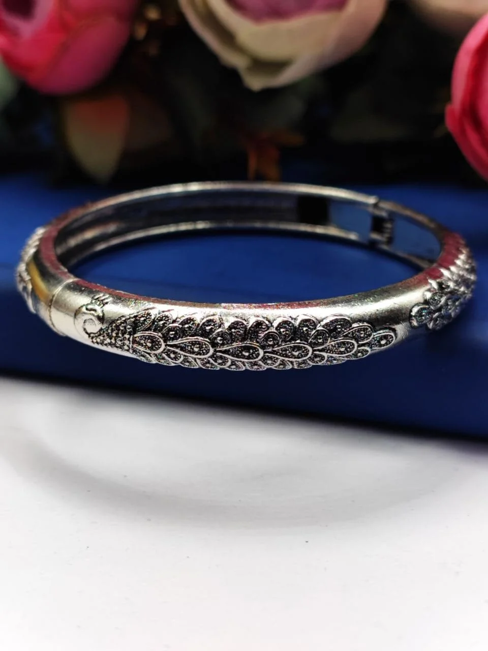 Oxidised Floral Ball-Accent Cuff Bangle