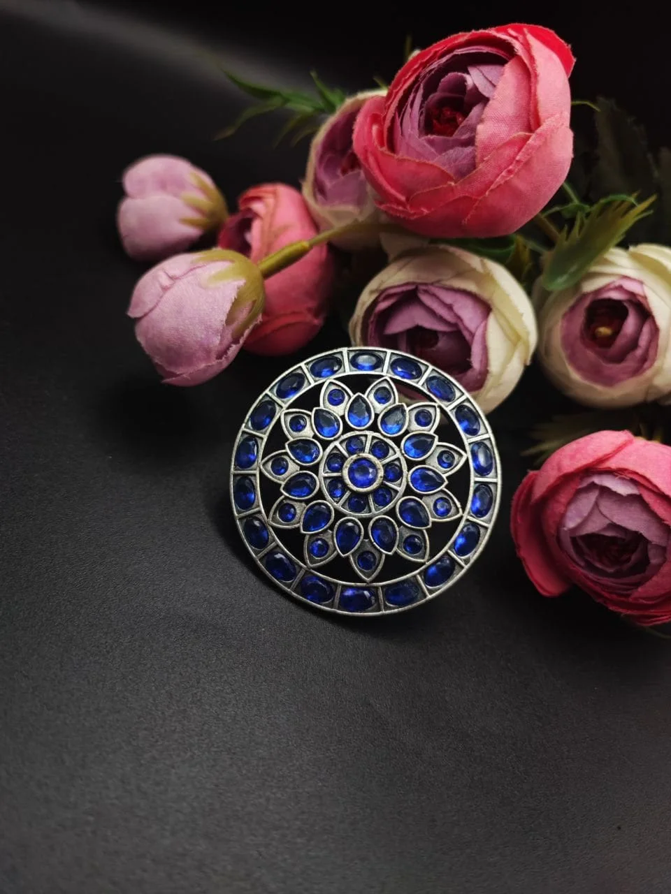 Oxidised Mandala Ring with Stone Cluster – view 4