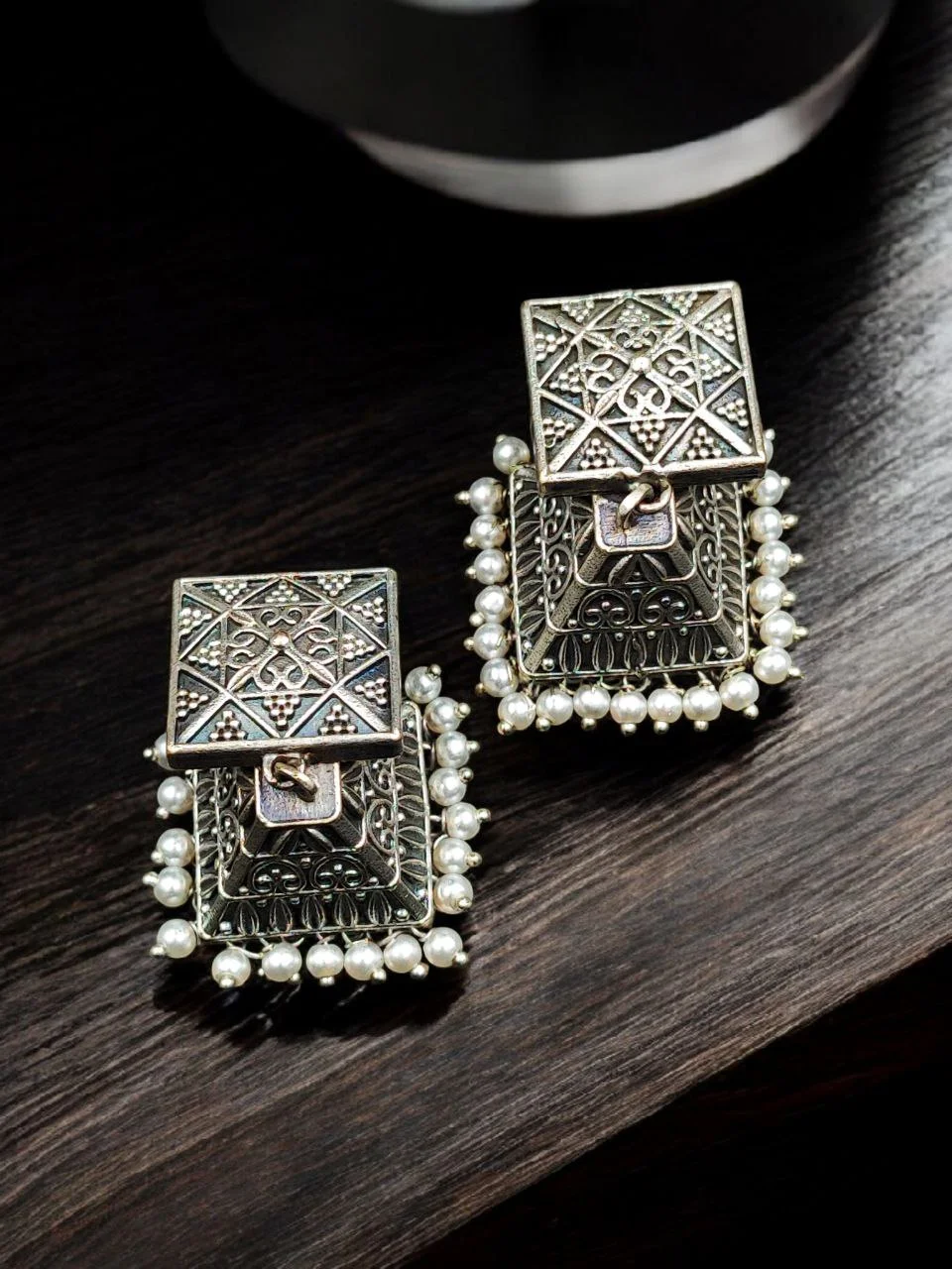 Oxidised Square Stud Pyramid Jhumka Earrings with Pearl Fringe – view 3