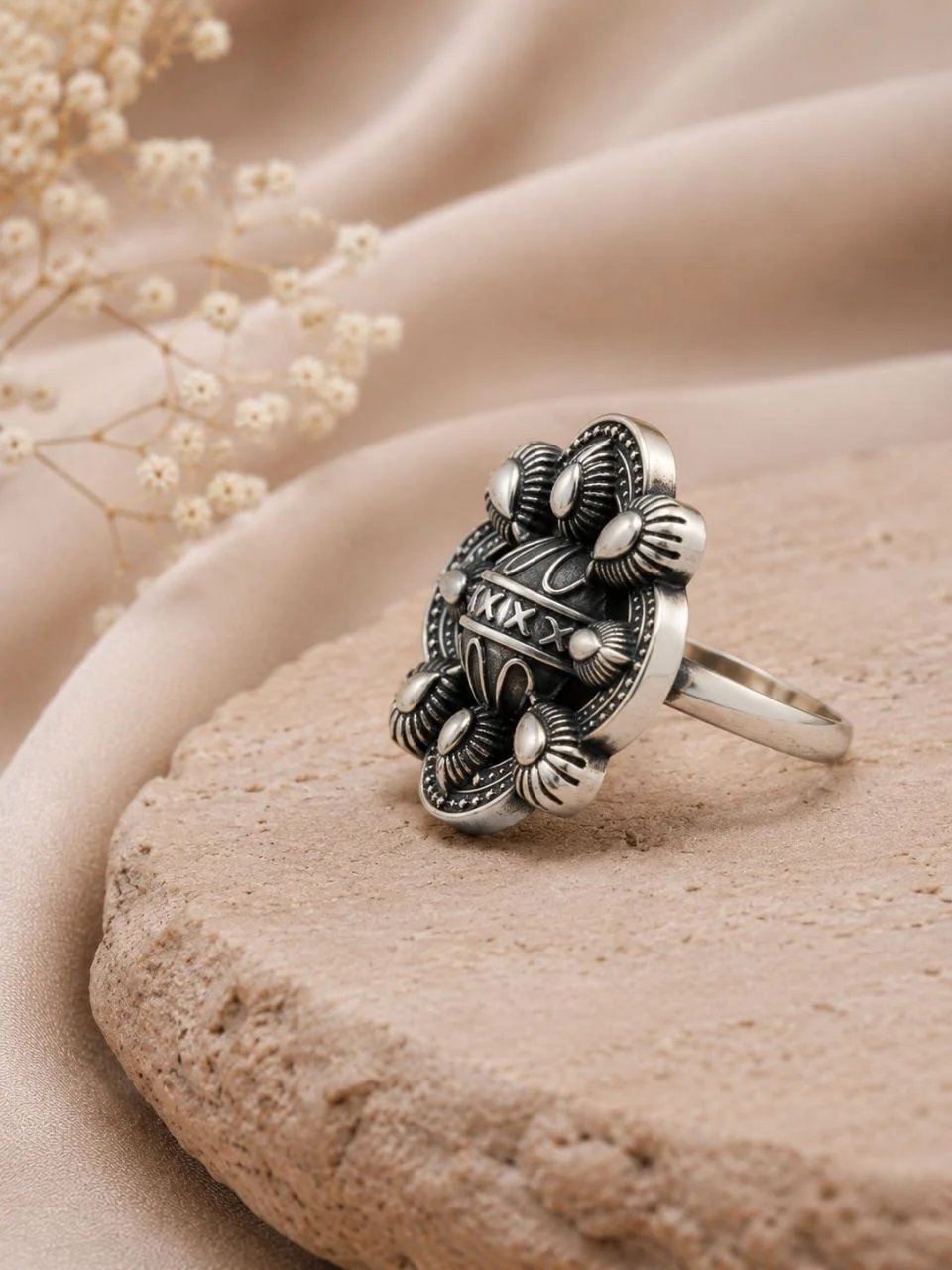 Oxidised Open Petal Ring – view 3