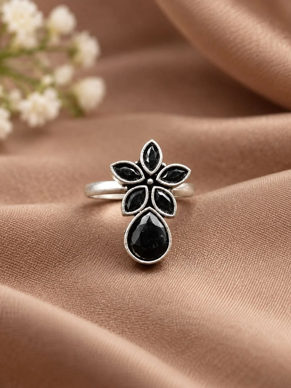 Oxidised Flower Ring with Black Stone Drop – view 2