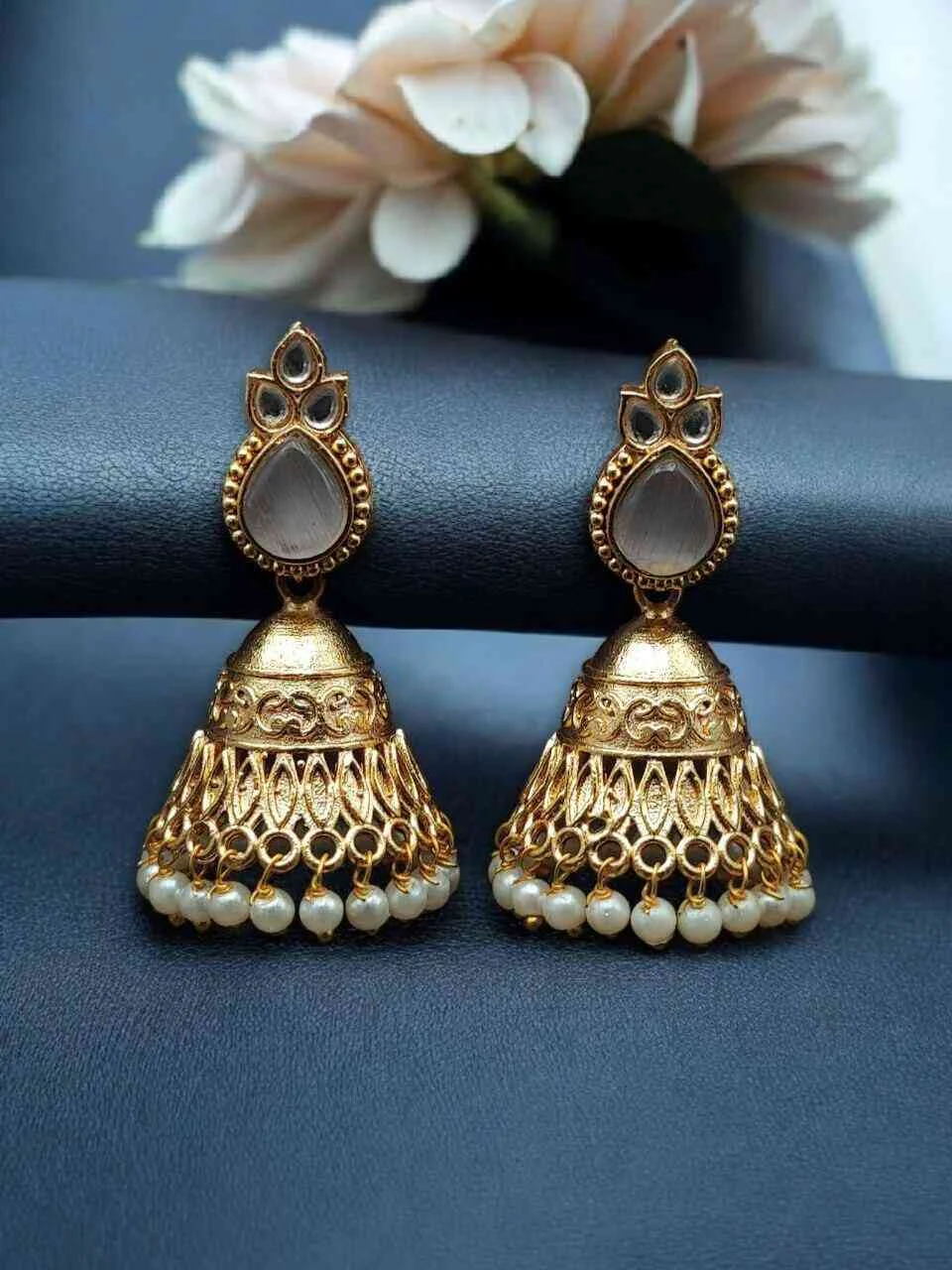 Green Teardrop Stone Jhumka with Textured Bell – view 5