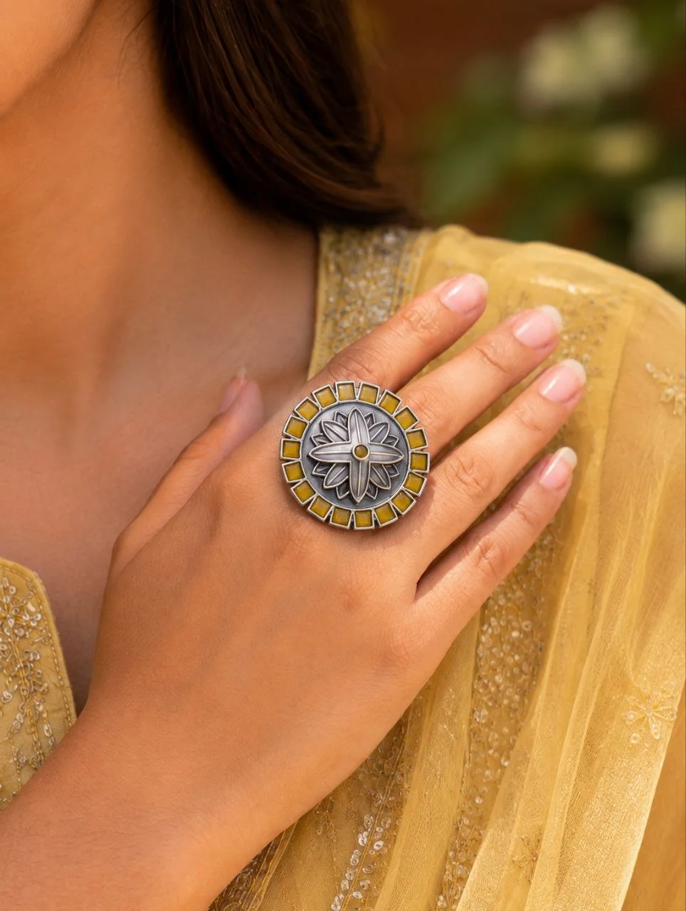 Oxidised Ring with Yellow Enamel Border