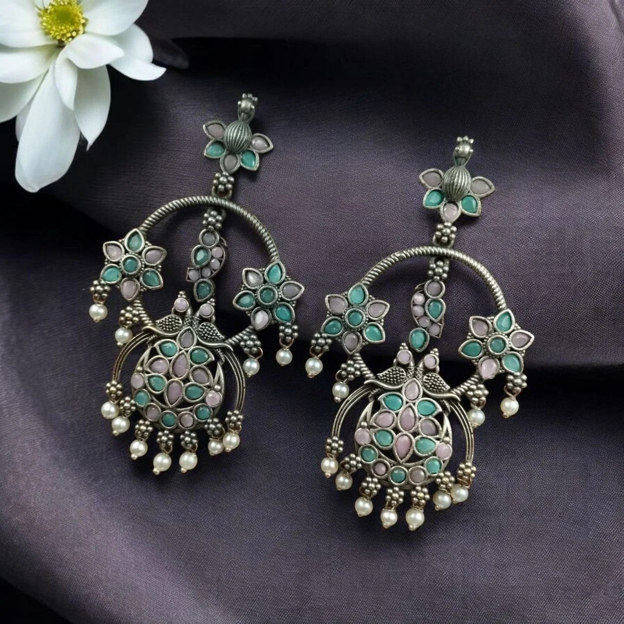 Oxidised Stone Flower Hoop Chandbali Earrings with Pearl Drops