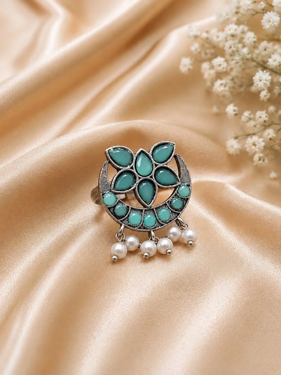 Oxidised Ring with Red Stones and Pearls – view 2