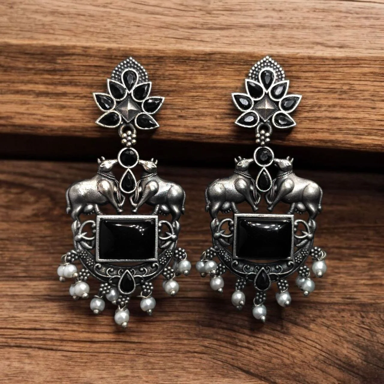 Oxidised Twin Nandi Earrings with Rectangular Stone and Pearls