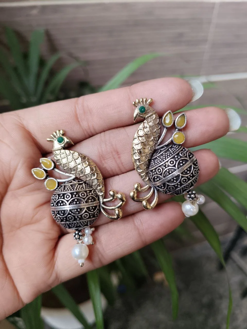 Two-Tone Peacock Wrap Earrings with Engraved Dome and Pearl Drop
