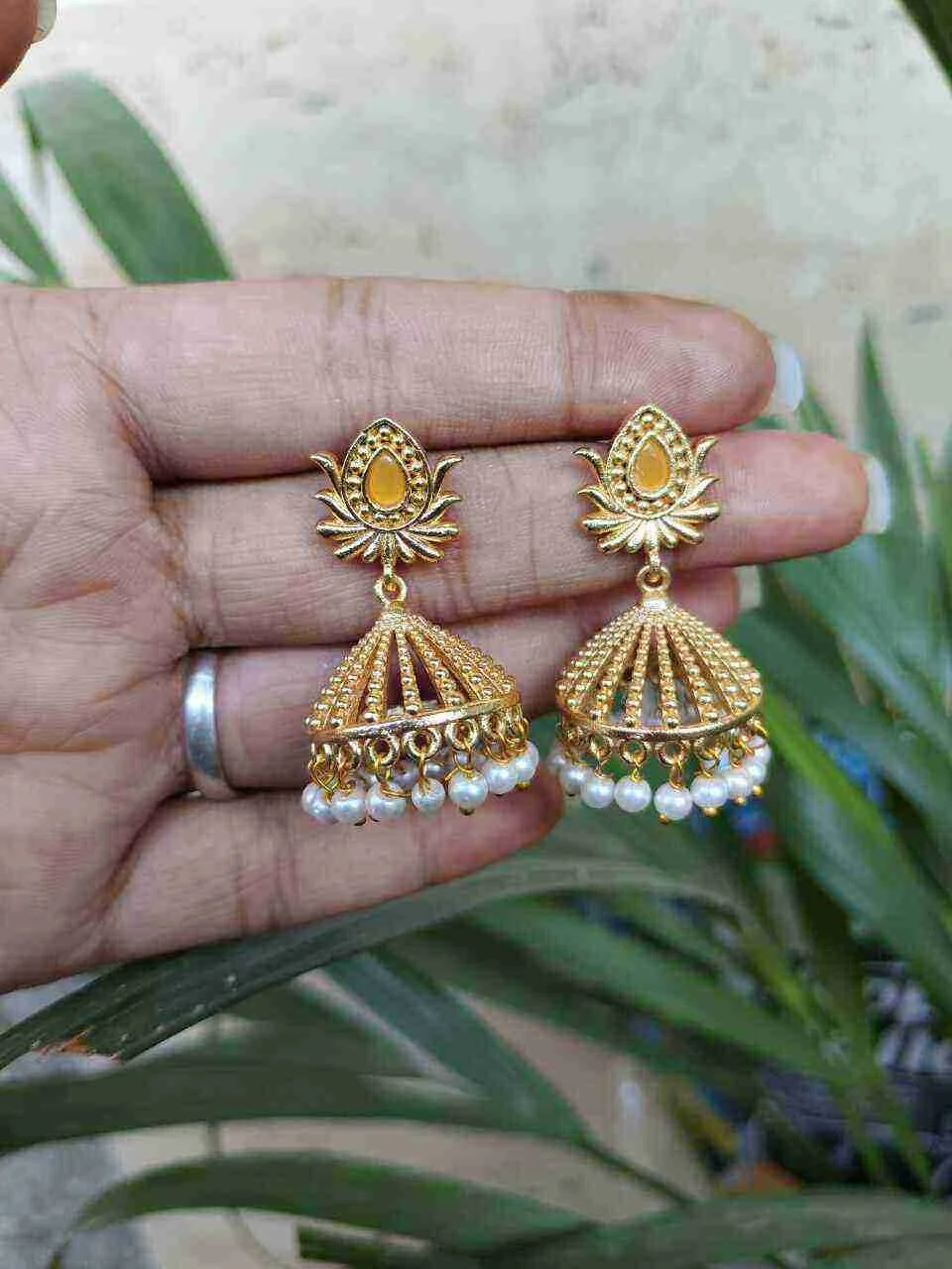 Small Lotus Bud Jhumka in Plain Gold – view 2