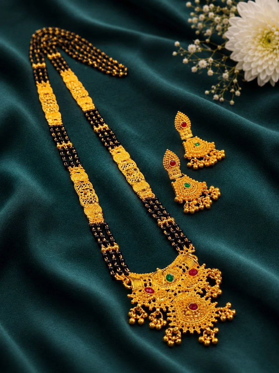 Long Gold Plated Mangalsutra with Earrings