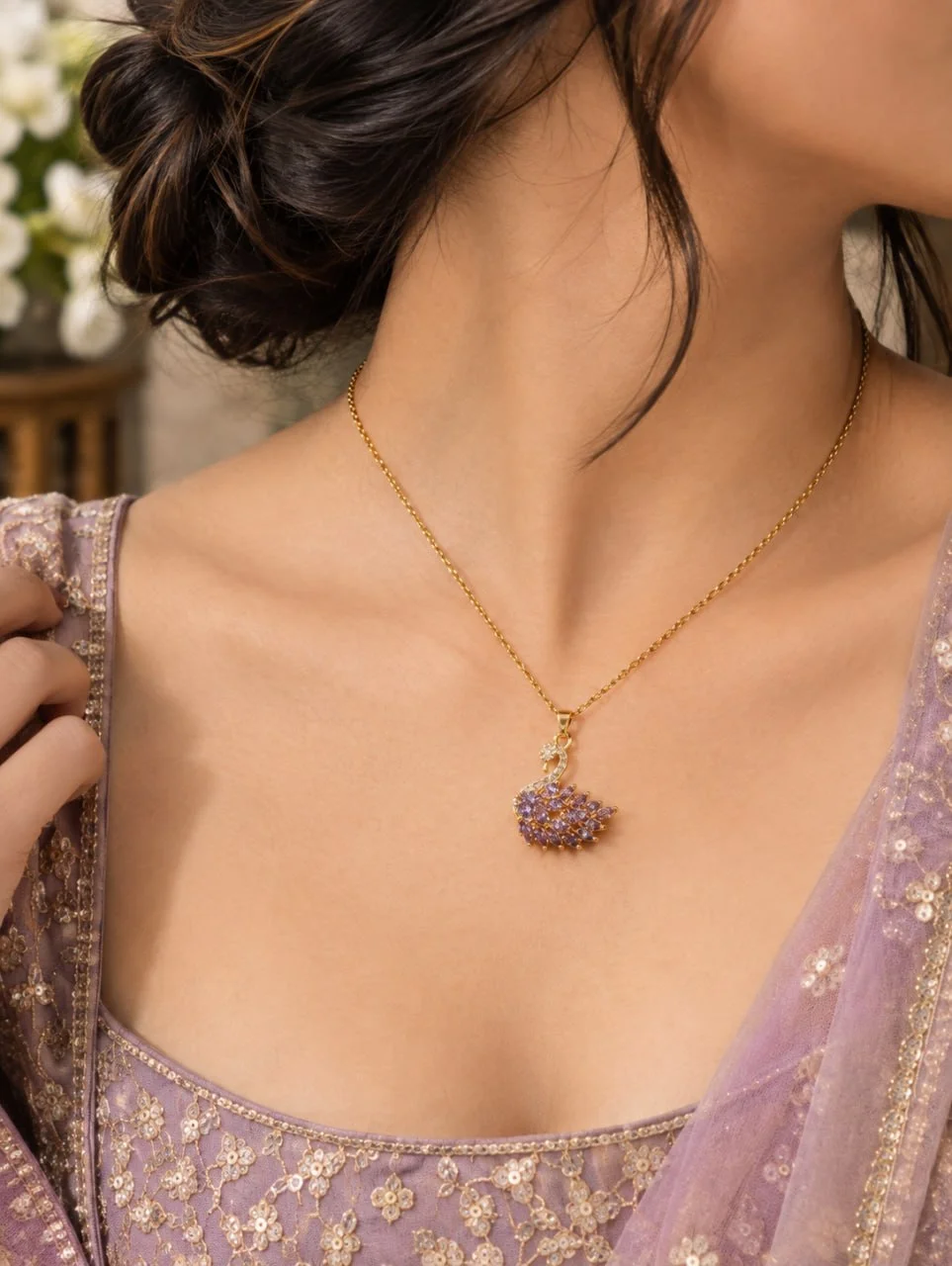 Anti Tarnish Peacock Pendant Necklace in Lavender Stone