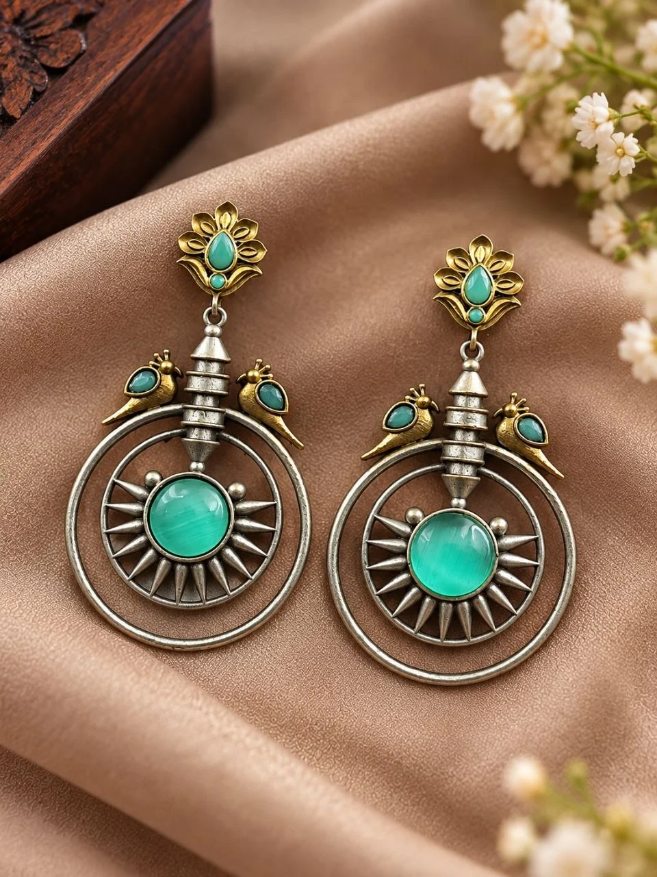 Two-Tone Bird Hoop Drop Earrings with Sunburst Stone Centre