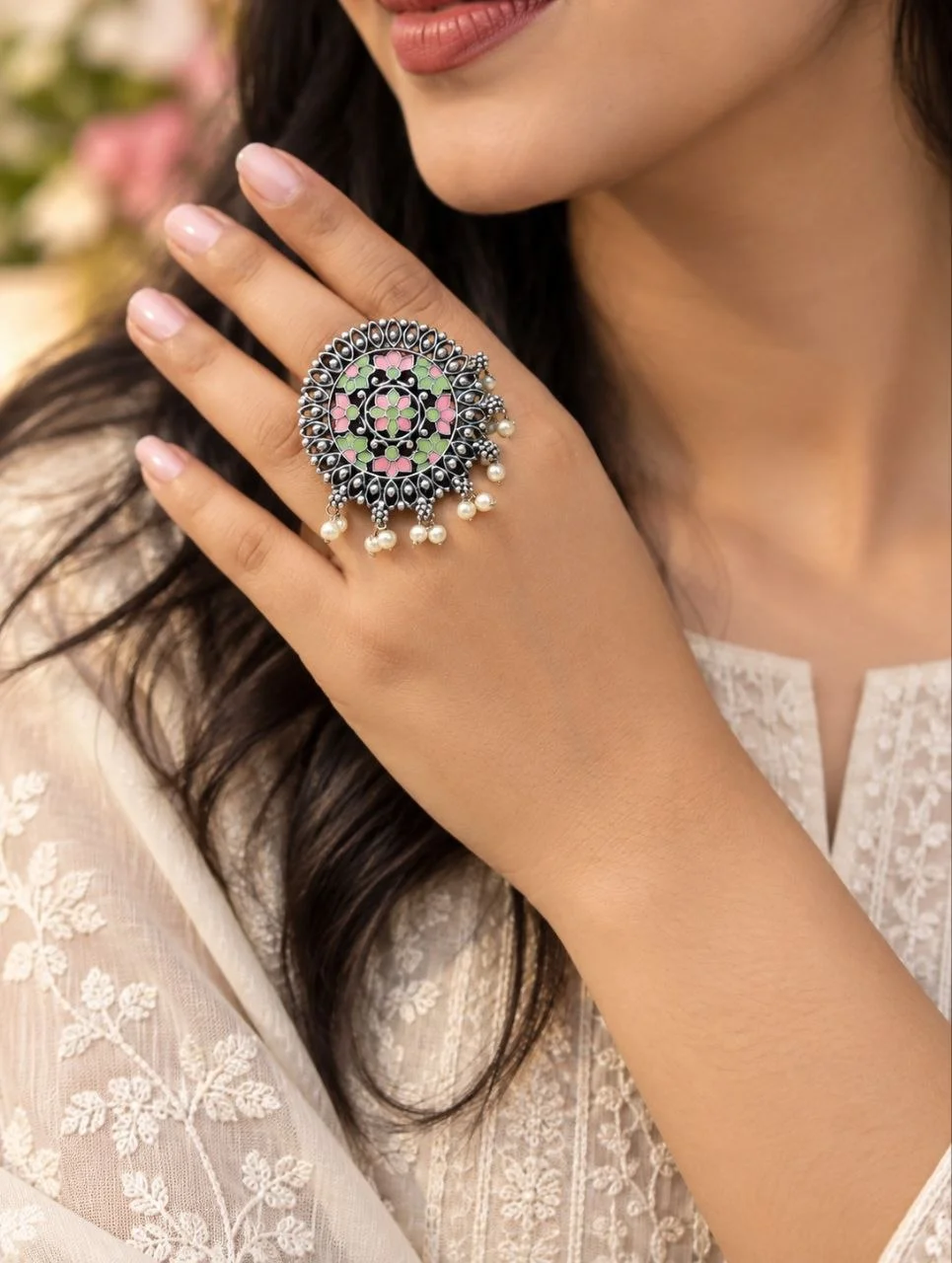 Oxidised Meenakari Mandala Ring with Pearl Drops