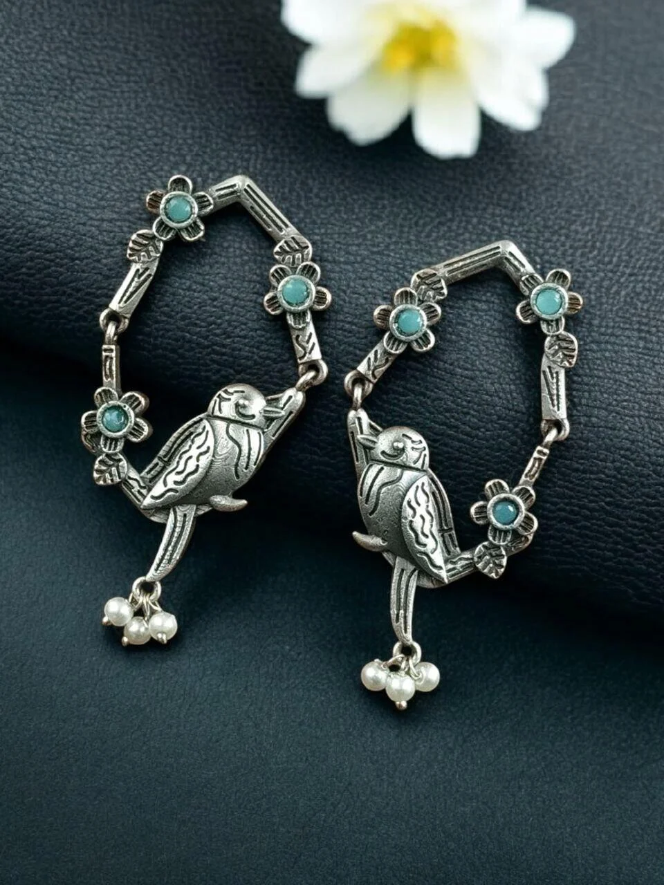 Oxidised Parrot Hoop Dangler Earrings with Flower Stones and Pearls