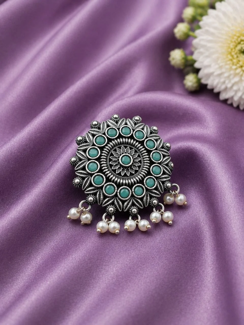 Oxidised Mandala Ring with Blue Stones and Pearls – view 5