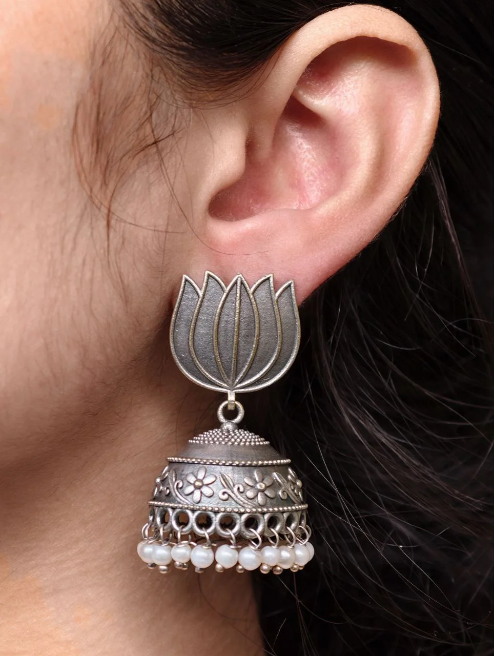 Oxidised Lotus Stud Jhumki Earrings with Pearl Fringe – view 2