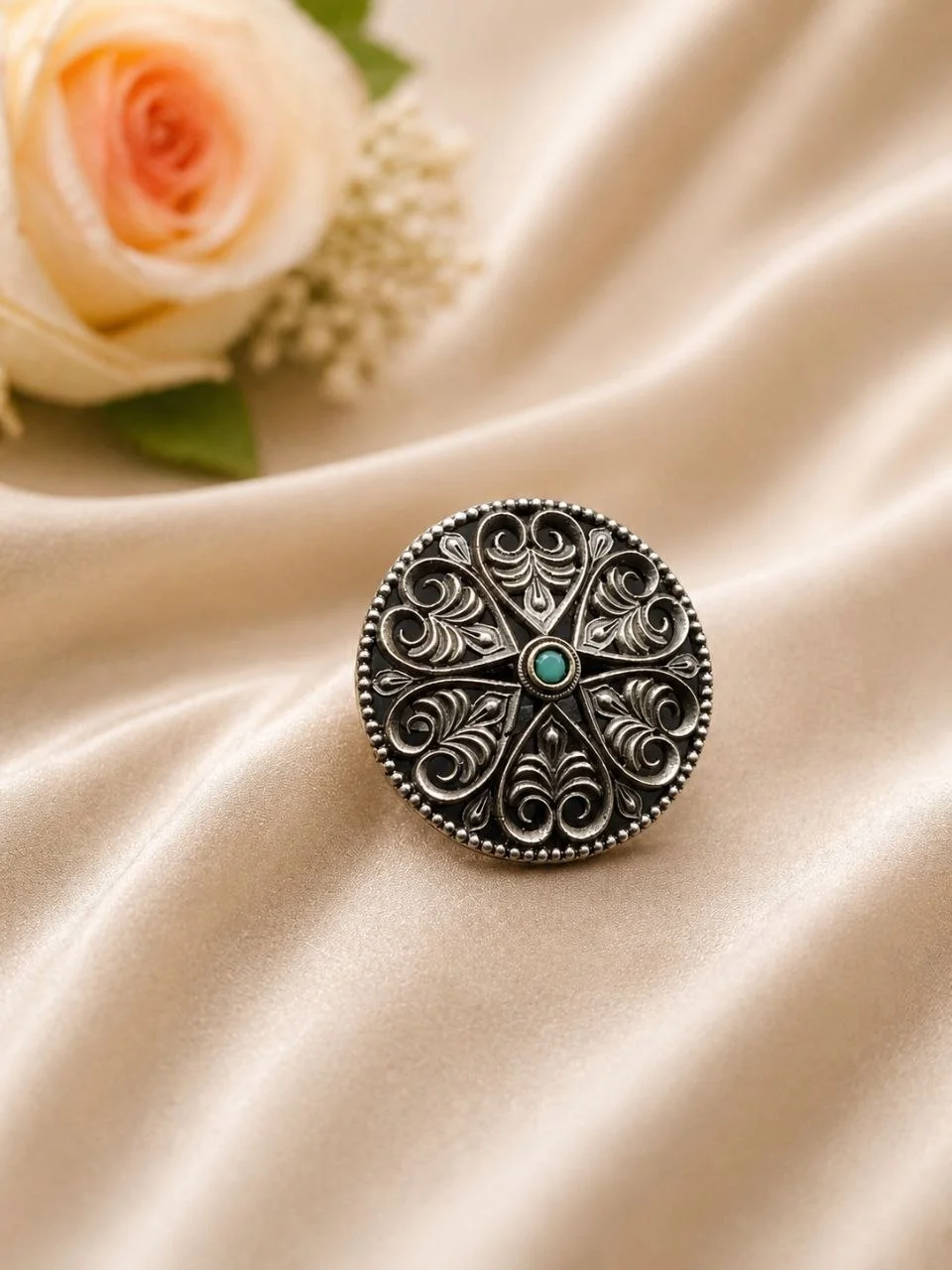 Oxidised Filigree Mandala Ring with Red Stone – view 5