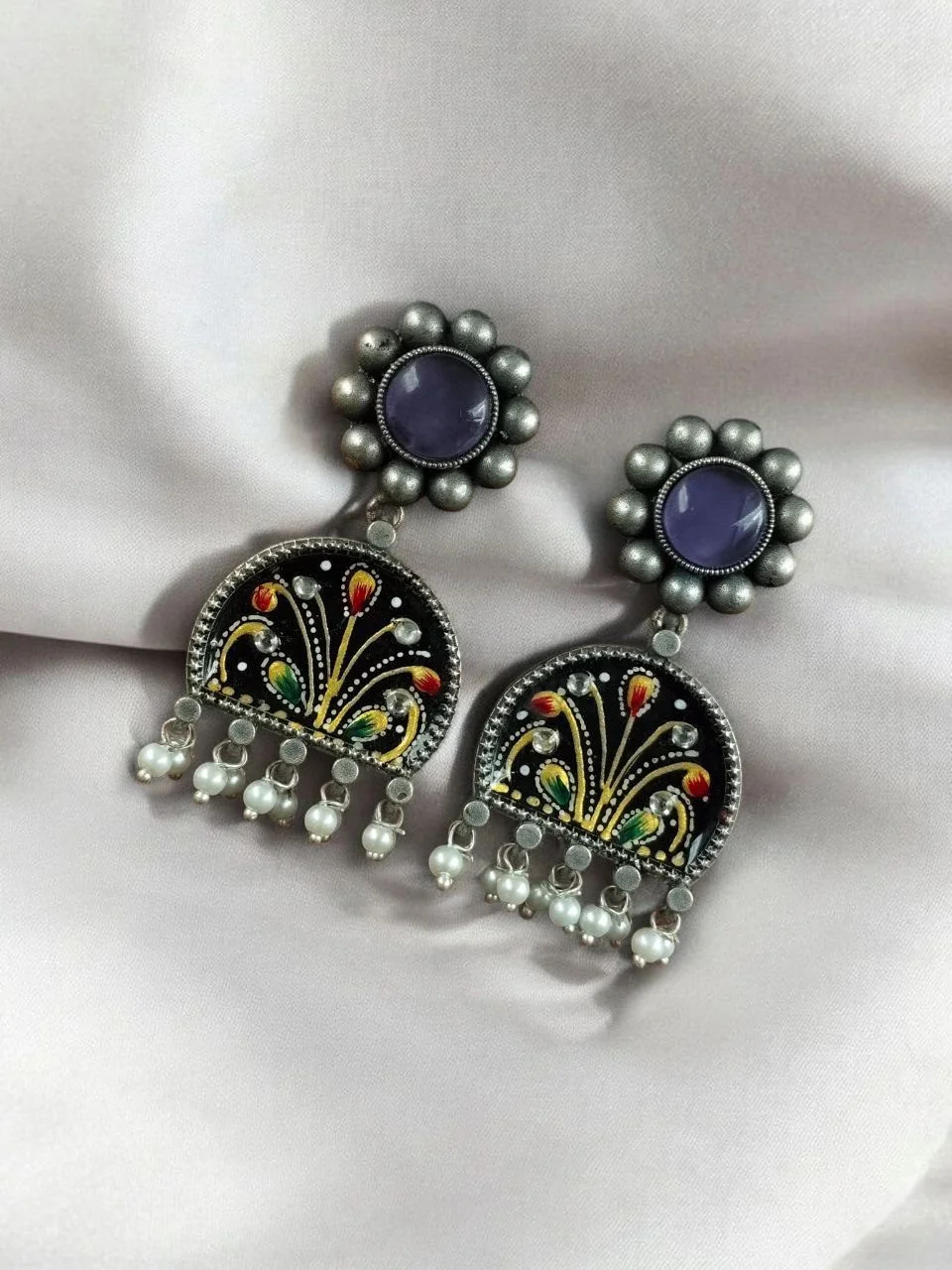 Hand Painted Miniature Art Earrings with Pearl Fringe