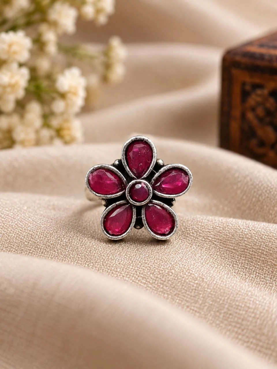 Small Oxidised Flower Ring with Black Stones – view 2