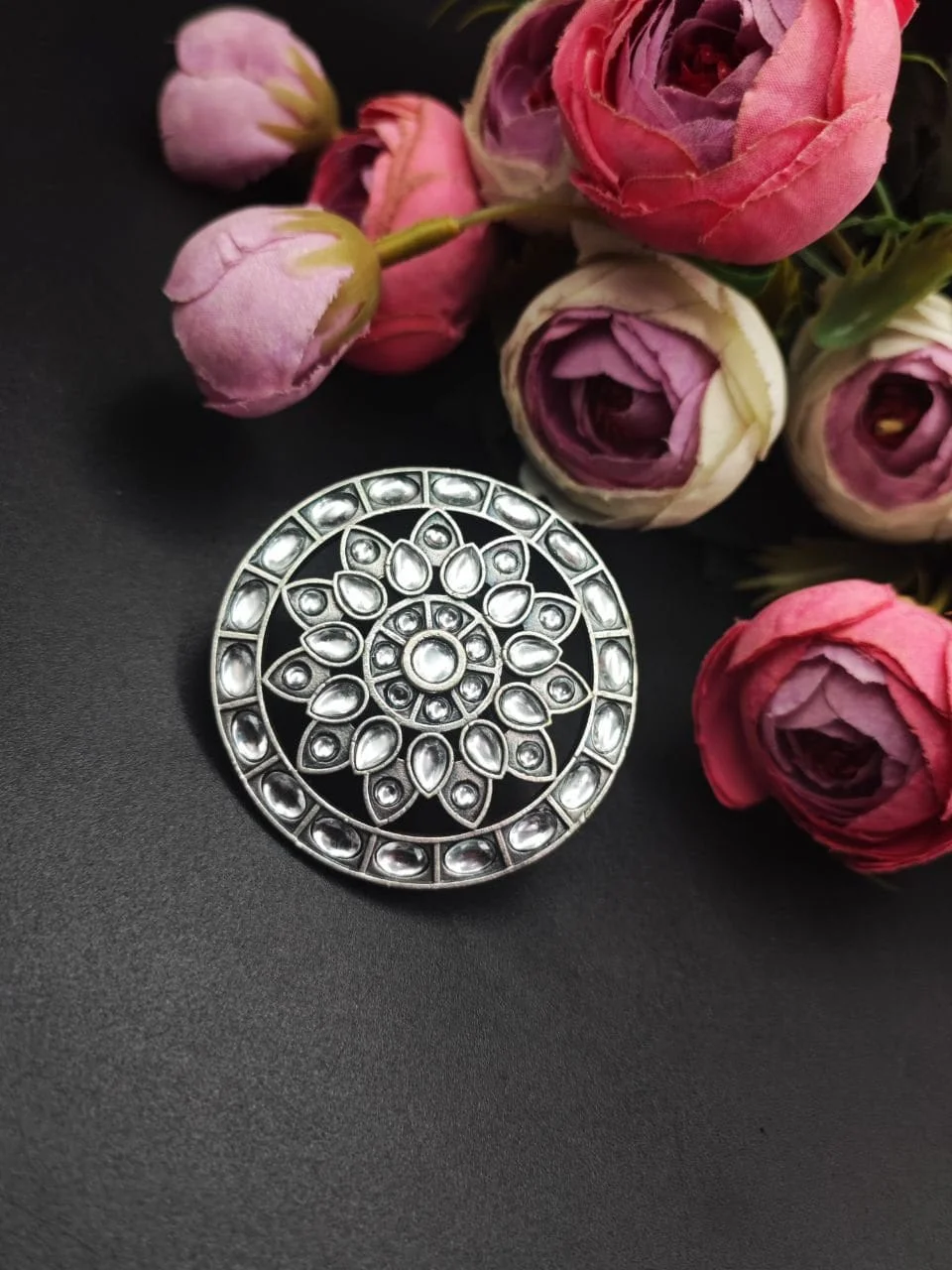 Oxidised Mandala Ring with Stone Cluster – view 5