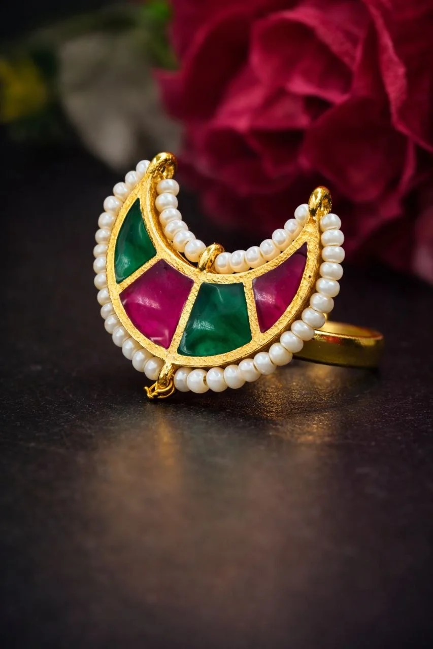 Gold Meenakari Moon Ring with Pearl Border – view 3