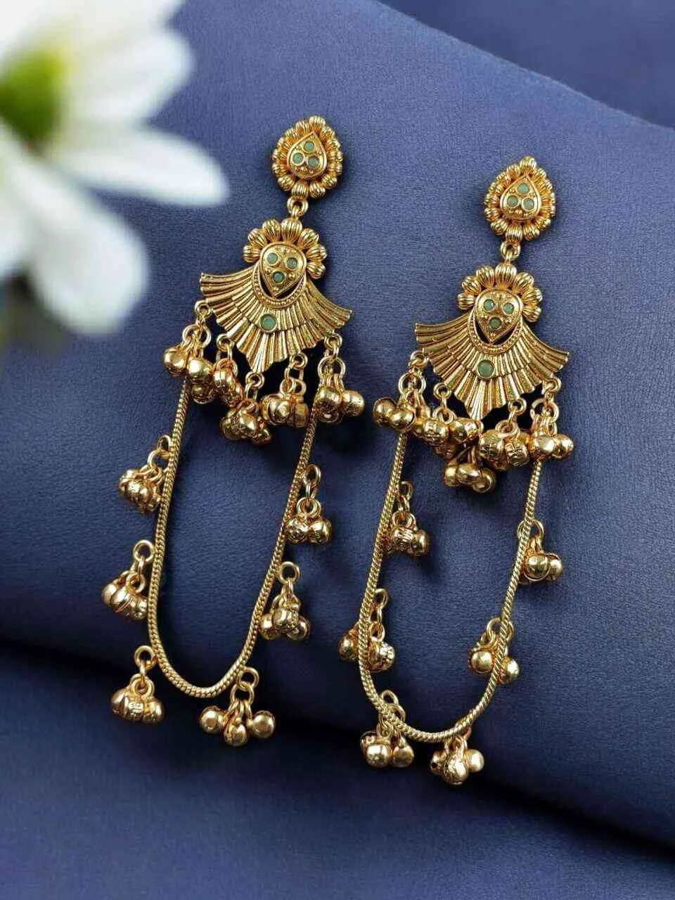 Fan Top Kashmiri Earrings with Swag Bell Chain