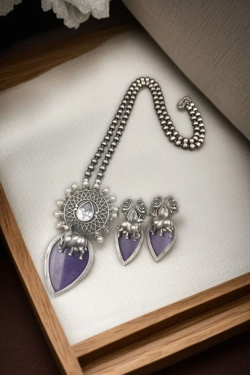 Oxidised Elephant Leaf Stone Necklace Set