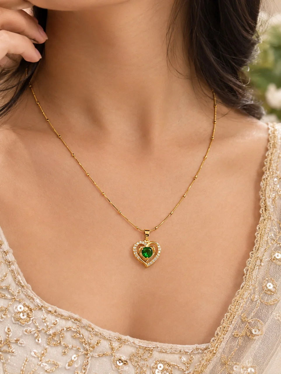 Anti-Tarnish Gold-Tone Double-Heart Pendant Necklace with Emerald-Green Heart Stone & CZ Halo
